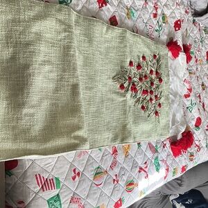 Green Table Runner with Red Embroidery